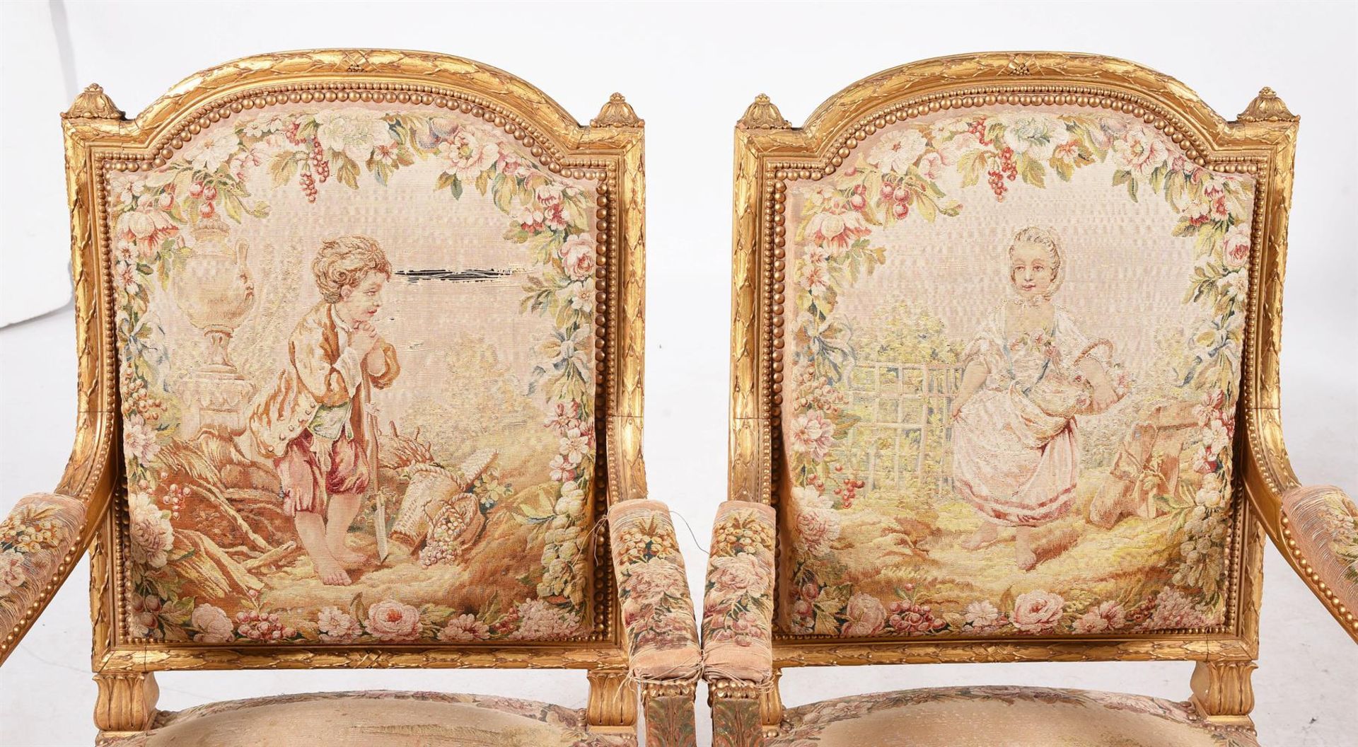 A FRENCH TRANSITIONAL AUBUSSON UPHOLSTERED GILTWOOD SALON SUITE, IN LOUIS XVI STYLE - Image 2 of 10