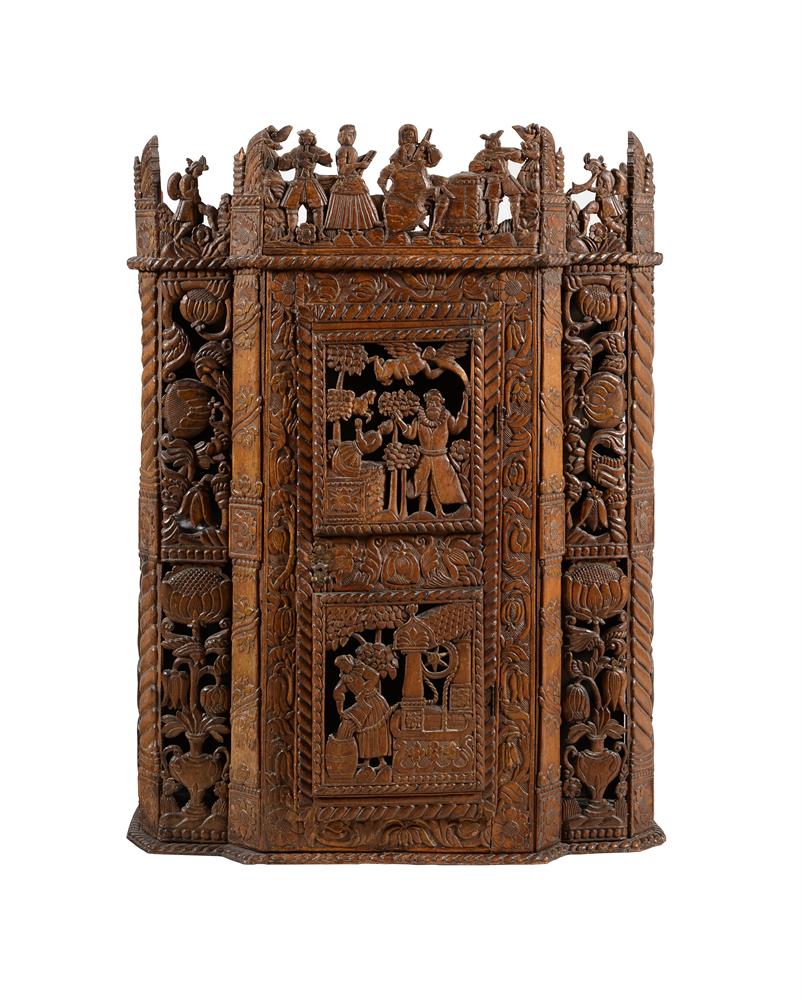 TWO SIMILAR CARVED PEARWOOD AND FRUITWOOD WALL CABINETS IN JAMES I STYLE - Image 3 of 7