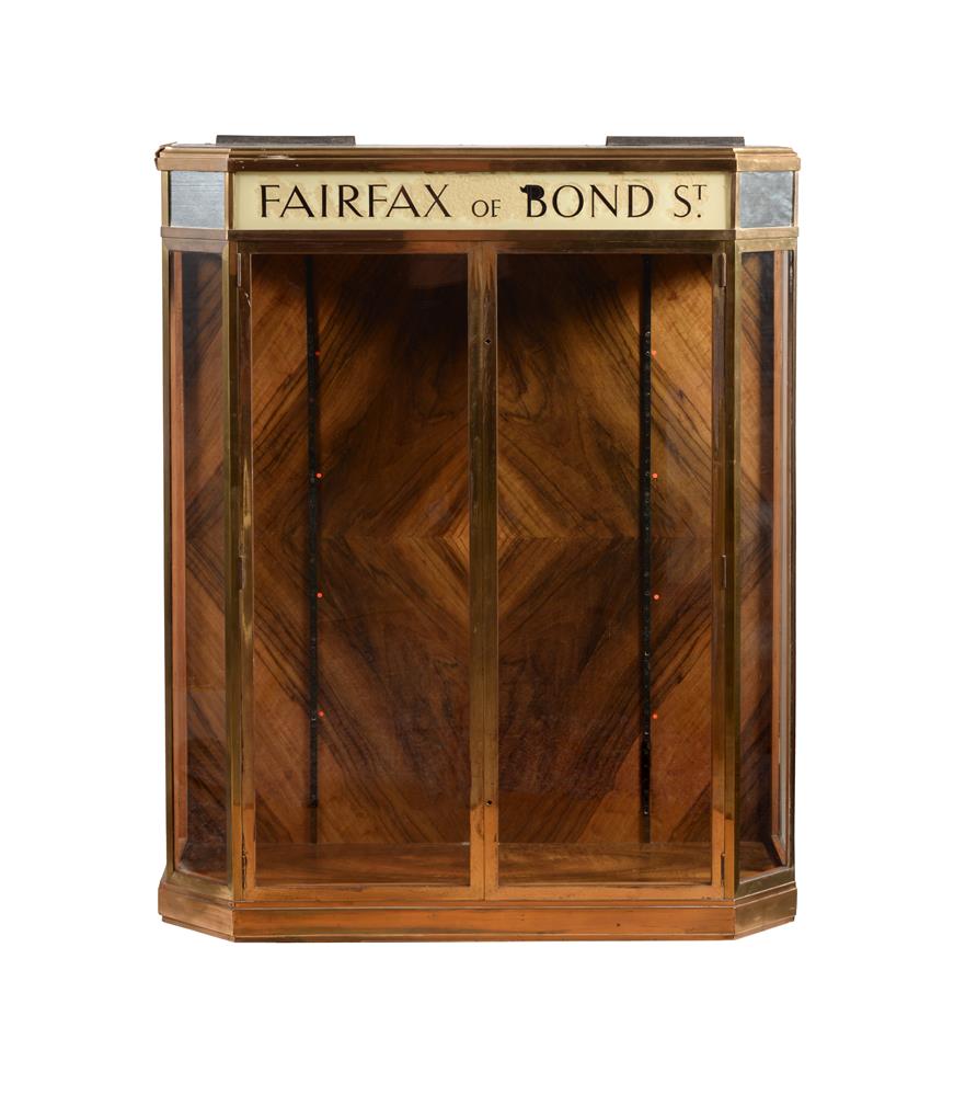 A GLAZED BRASS AND WALNUT VENEERED SHOP DISPLAY CABINET