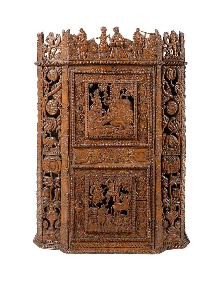 TWO SIMILAR CARVED PEARWOOD AND FRUITWOOD WALL CABINETS IN JAMES I STYLE - Image 2 of 7