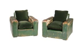 A PAIR OF ART DECO GREEN LEATHER ARMCHAIRS