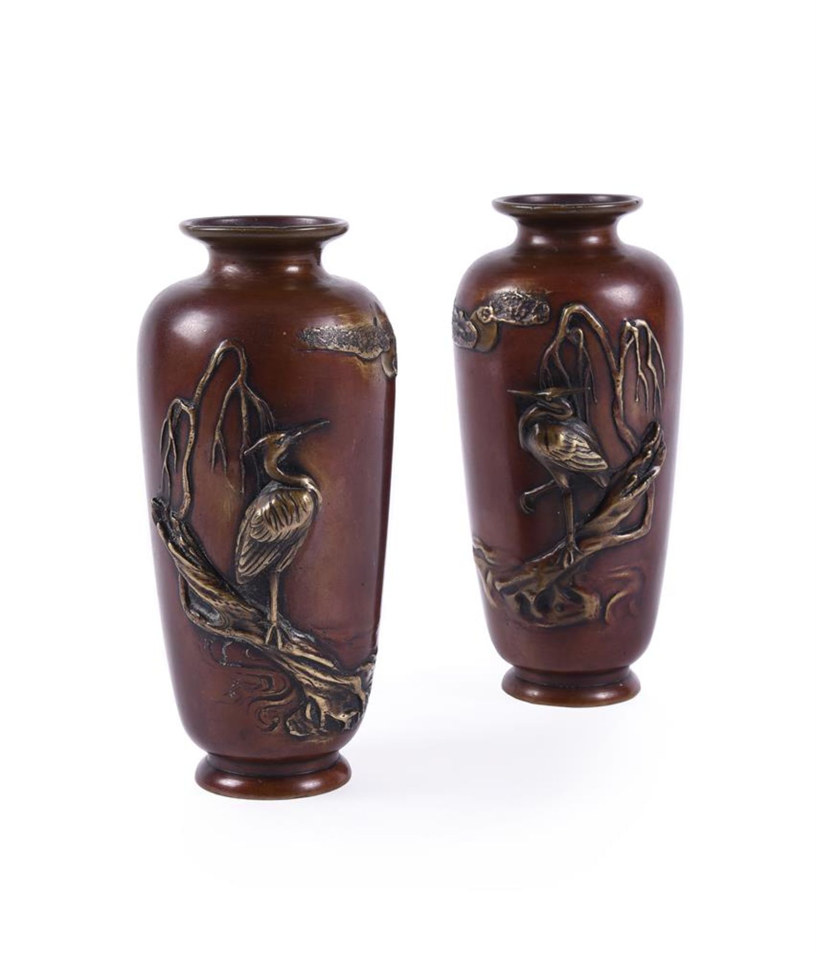 A PAIR OF JAPANESE PATINATED BRONZE VASES