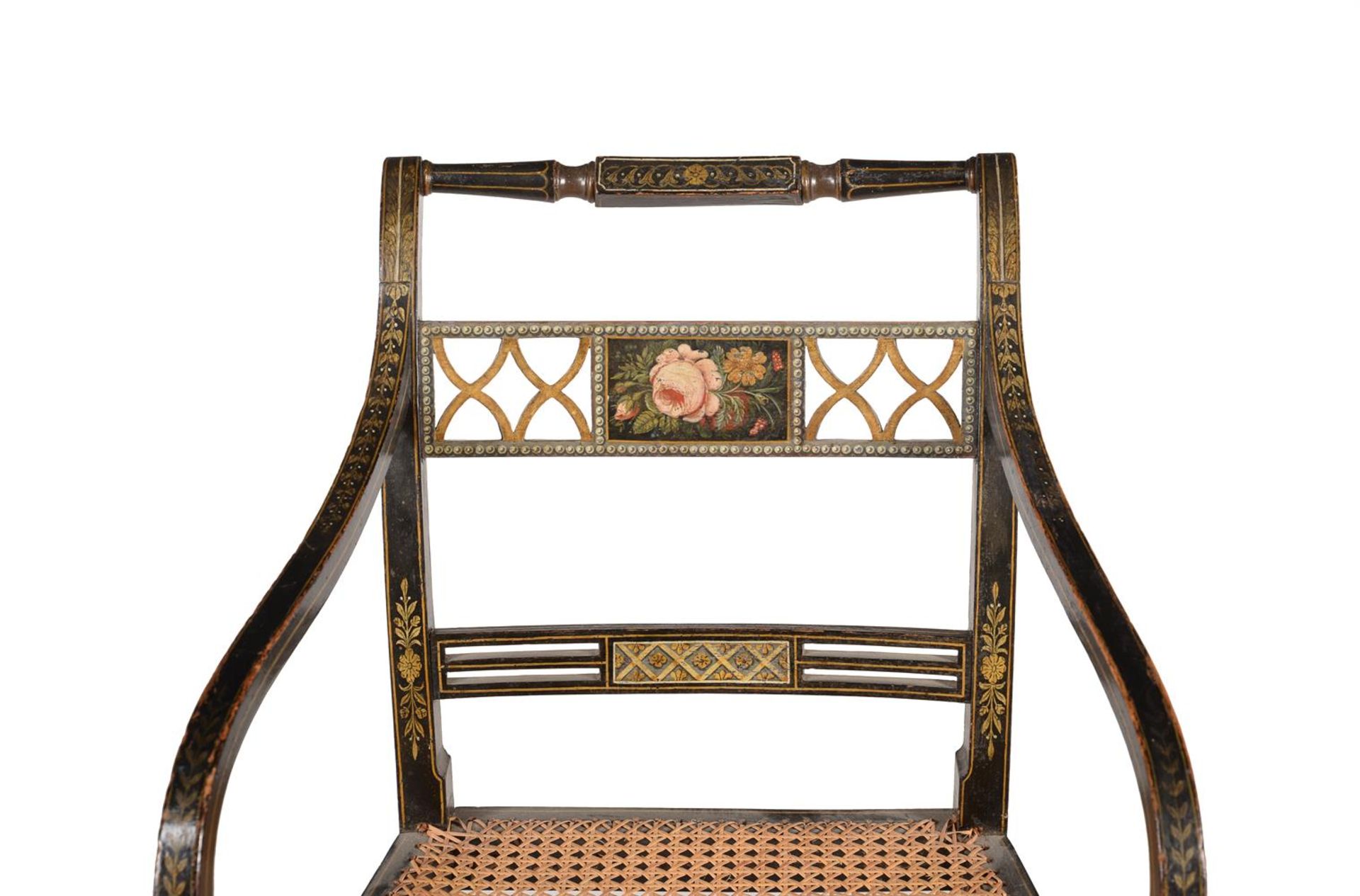 A PAIR OF REGENCY EBONISED, GILT AND POLYCHROME PAINTED ARMCHAIRS - Bild 3 aus 5