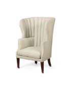 A GEORGE III MAHOGANY AND UPHOLSTERED BARREL BACK ARMCHAIR