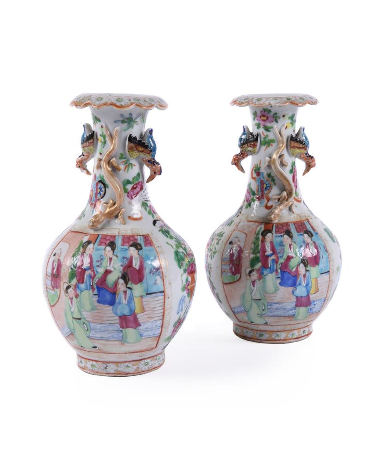 A PAIR OF CHINESE CANTON EXPORT TWIN-HANDLED VASES