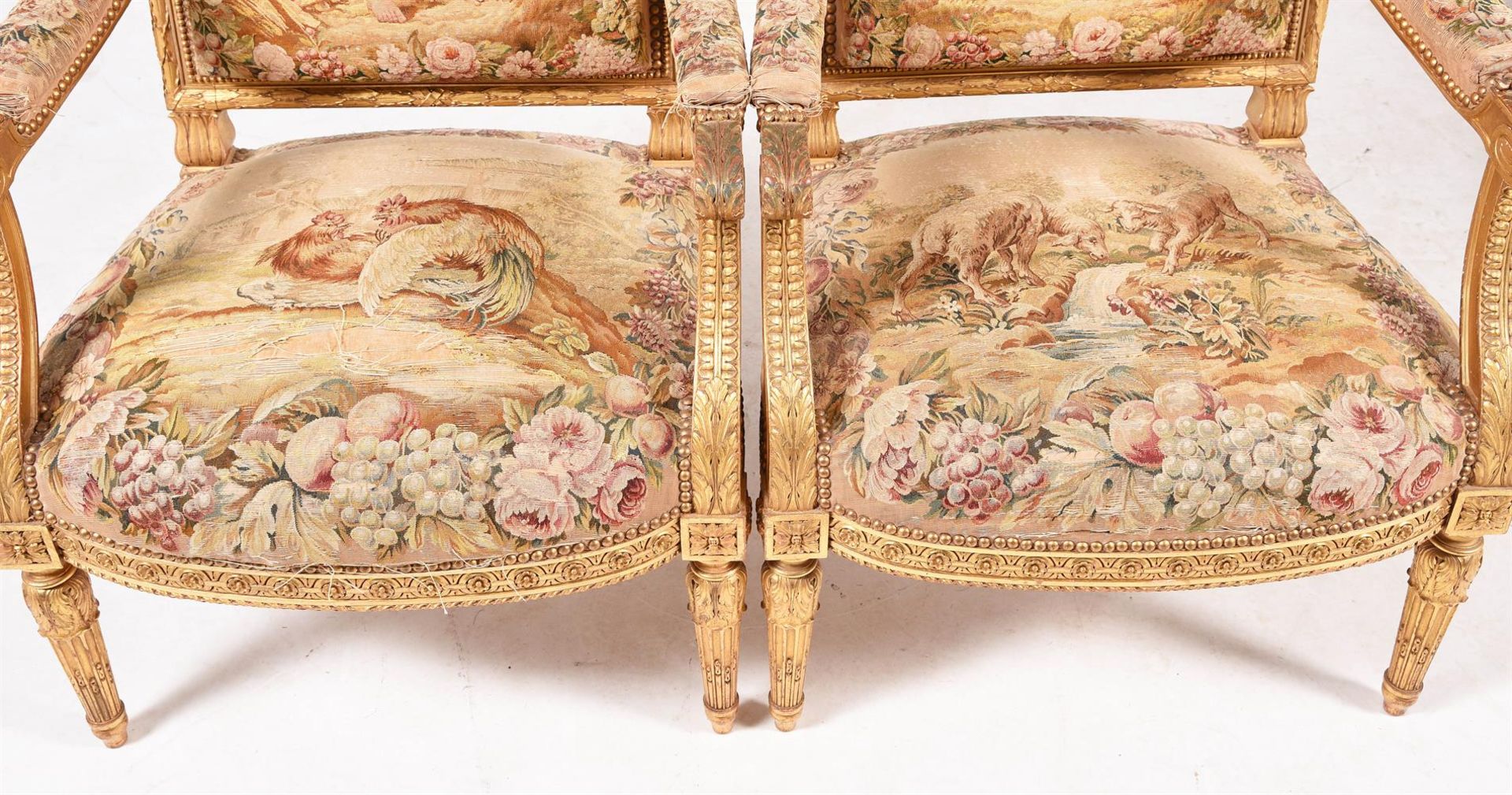 A FRENCH TRANSITIONAL AUBUSSON UPHOLSTERED GILTWOOD SALON SUITE, IN LOUIS XVI STYLE - Image 3 of 10