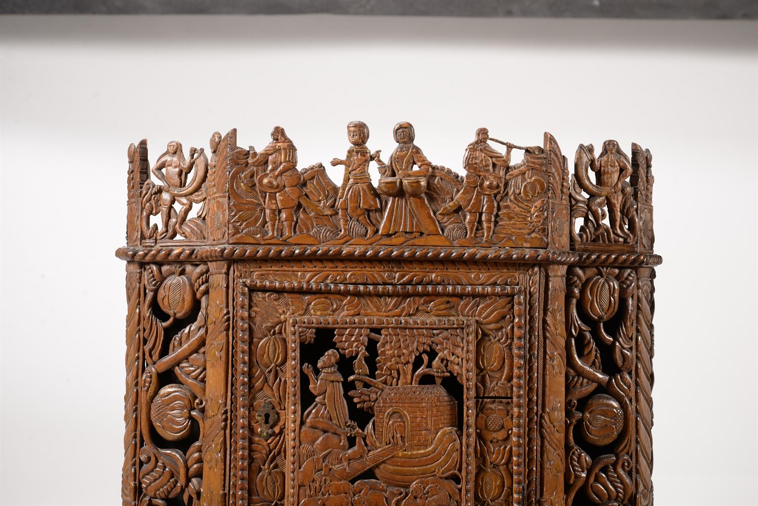 TWO SIMILAR CARVED PEARWOOD AND FRUITWOOD WALL CABINETS IN JAMES I STYLE - Image 5 of 7