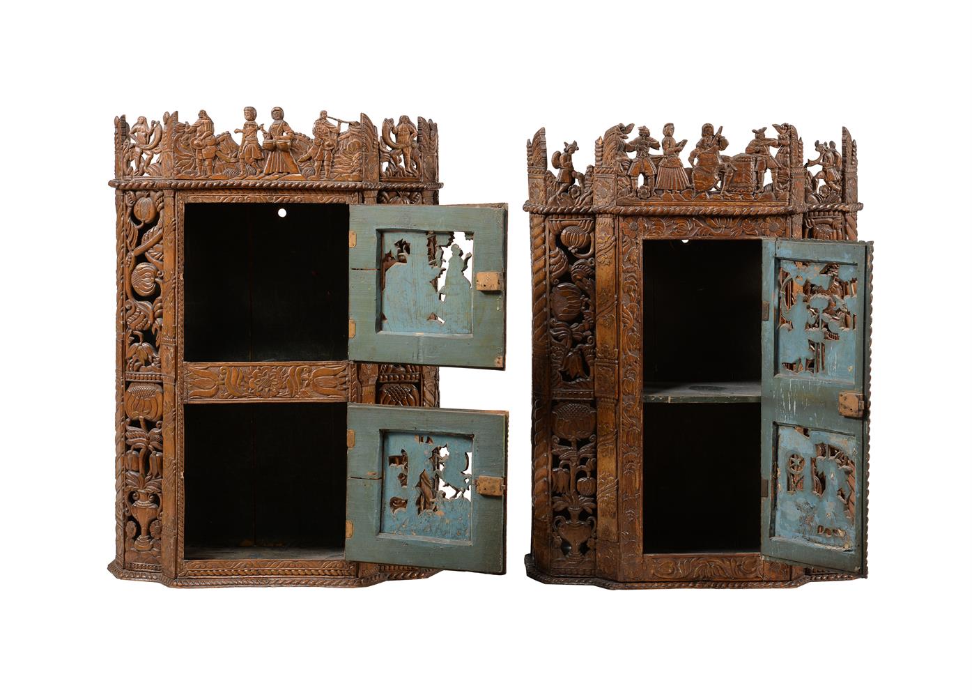 TWO SIMILAR CARVED PEARWOOD AND FRUITWOOD WALL CABINETS IN JAMES I STYLE - Image 7 of 7