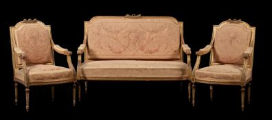 A SUITE OF GILTWOOD AND UPHOLSTERED SEAT FURNITURE IN LOUIS XVI STYLE