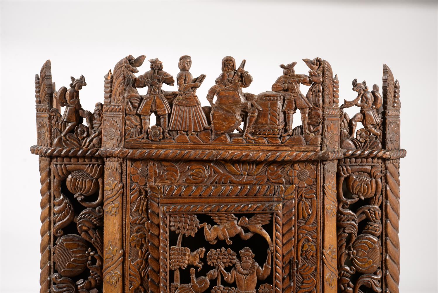 TWO SIMILAR CARVED PEARWOOD AND FRUITWOOD WALL CABINETS IN JAMES I STYLE - Image 4 of 7