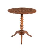 A VICTORIAN OLIVEWOOD AND MARQUETRY TRIPOD TABLE