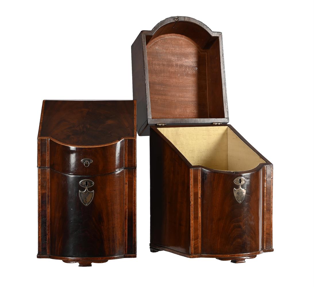 Y A PAIR OF GEORGE III MAHOGANY AND TULIPWOOD BANDED KNIFE BOXES