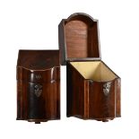 Y A PAIR OF GEORGE III MAHOGANY AND TULIPWOOD BANDED KNIFE BOXES
