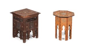 Y TWO MOORISH MIXED WOOD AND MOTHER OF PEARL INLAID TABLES