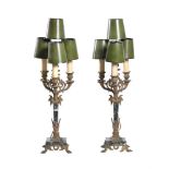 A PAIR OF FRENCH GILT METAL (PROBABLY SPELTER) MOUNTED FOUR LIGHT CANDELABRA