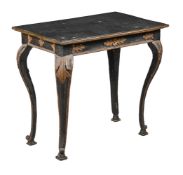 AN ITALIAN CARVED AND BLACK PAINTED, AND PARCEL GILT SIDE TABLE