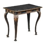 AN ITALIAN CARVED AND BLACK PAINTED, AND PARCEL GILT SIDE TABLE