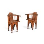 Y A PAIR OF SYRIAN MIXED WOOD AND MOTHER OF PEARL INLAID ARMCHAIRS