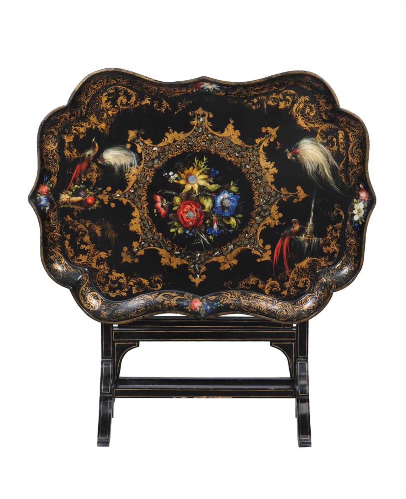 A VICTORIAN BLACK LACQUER AND PARCEL GILT PAPIER MACHE TRAY TOP TABLE