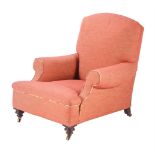 A VICTORIAN MAHOGANY AND RED HERRING BONE UPHOLSTERED ARMCHAIR