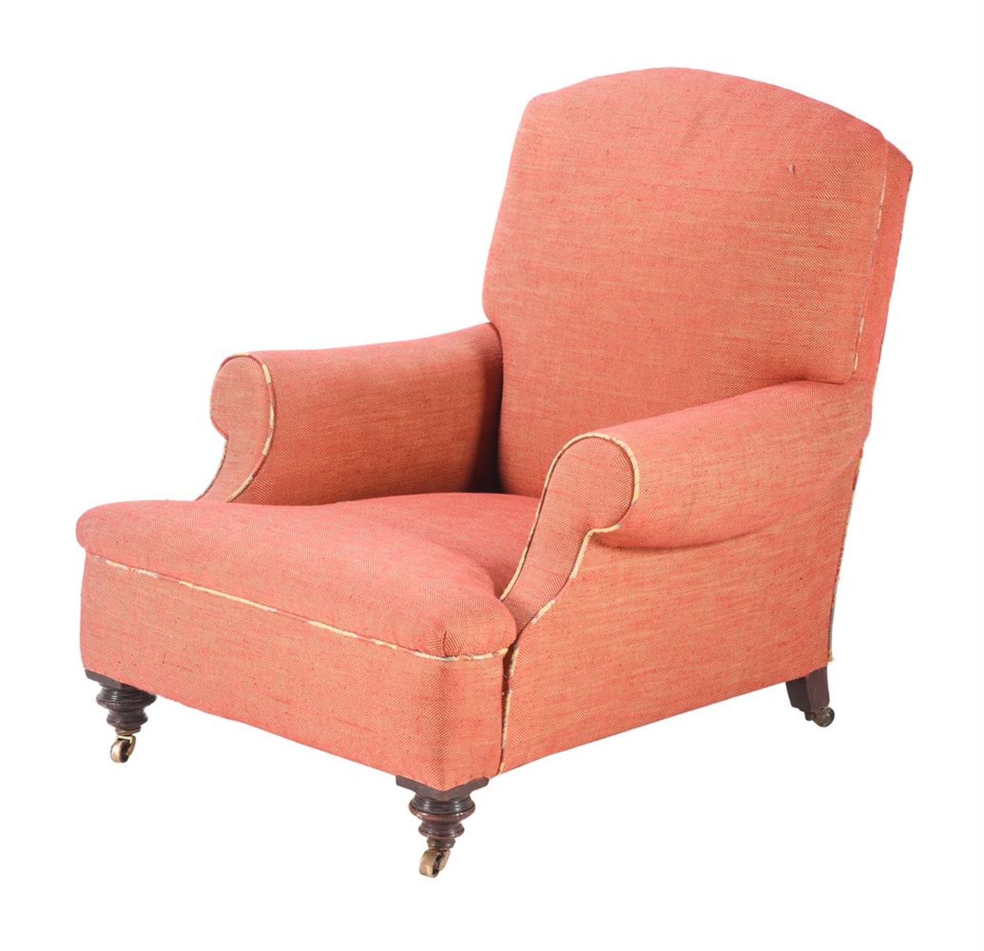 A VICTORIAN MAHOGANY AND RED HERRING BONE UPHOLSTERED ARMCHAIR