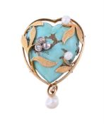 AN ART NOUVEAU TURQUOISE, DIAMOND AND PEARL HEART BROOCH, CIRCA 1910