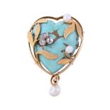 AN ART NOUVEAU TURQUOISE, DIAMOND AND PEARL HEART BROOCH, CIRCA 1910