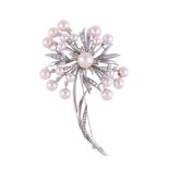 A CULTURED PEARL AND DIAMOND FLOWER BROOCH