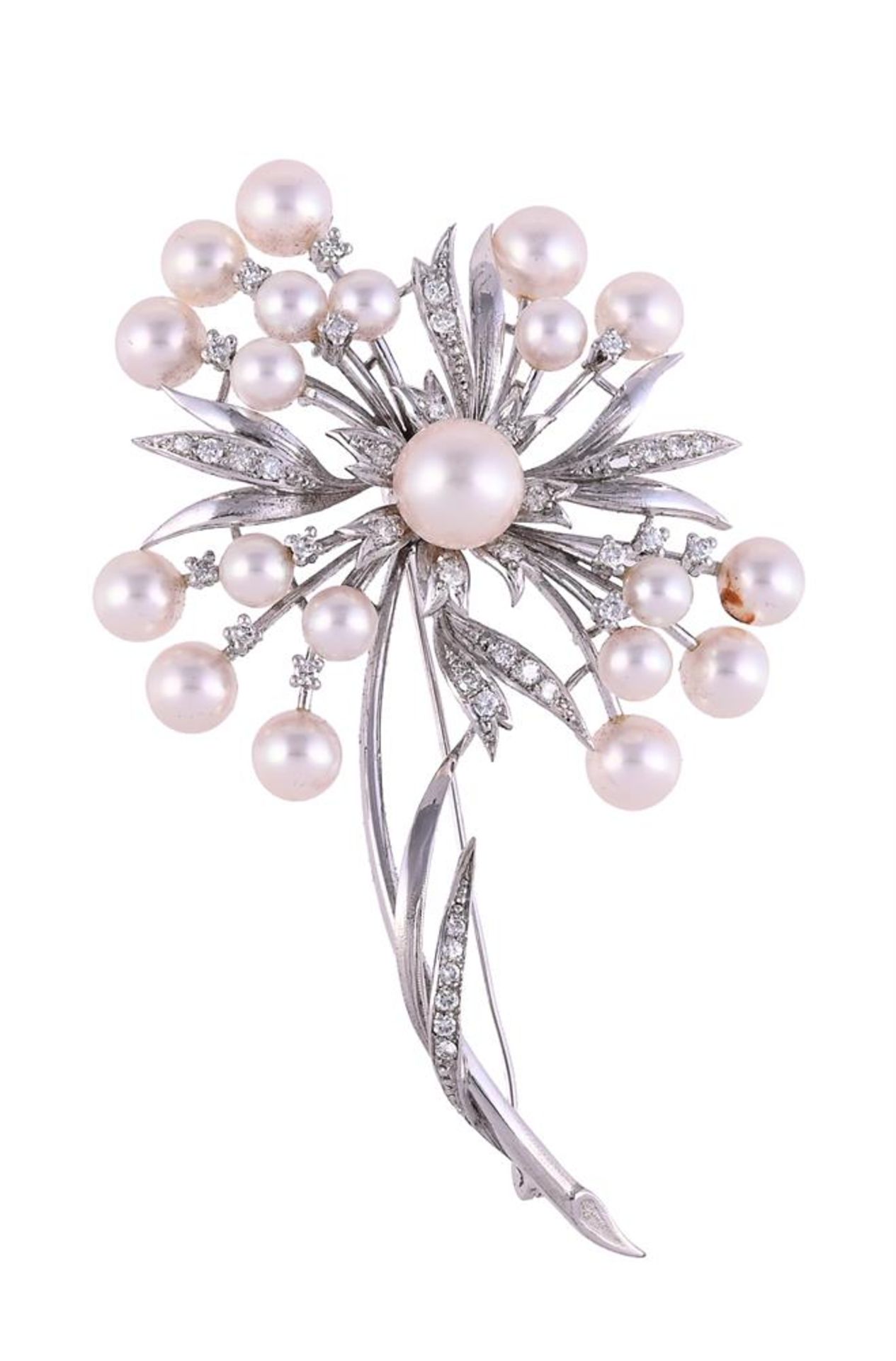 A CULTURED PEARL AND DIAMOND FLOWER BROOCH