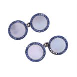 Y A PAIR OF SAPPHIRE AND MOTHER OF PEARL CUFFLINKS, CIRCA 1920