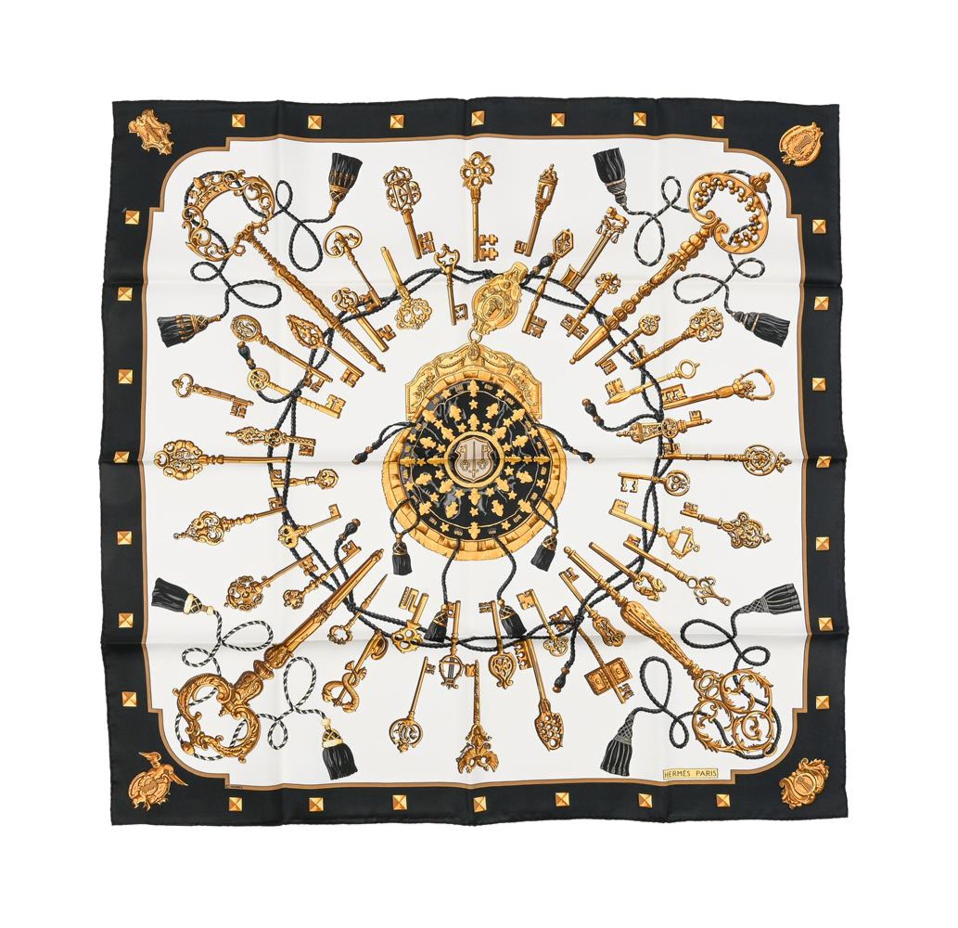 HERMÈS, LES CLES, A CREAM AND BLACK SILK SCARF