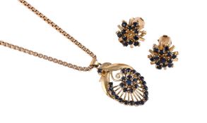 A SAPPHIRE PENDANT ON CHAIN WITH A PAIR OF SIMILAR SAPPHIRE EARRINGS