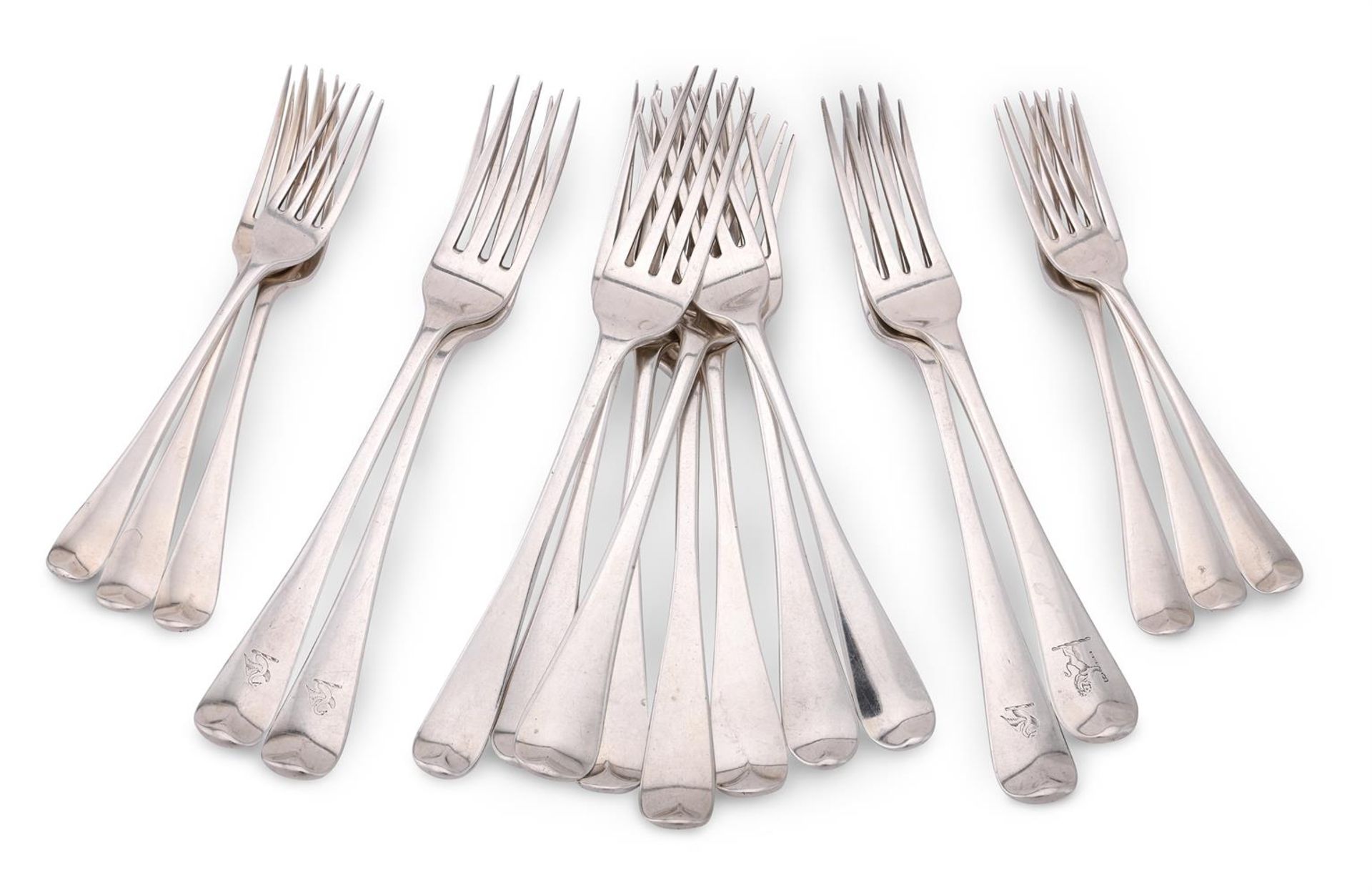 TWELVE SILVER HANOVERIAN PATTERN TABLE FORKS AND SIX DESSERT FORKS