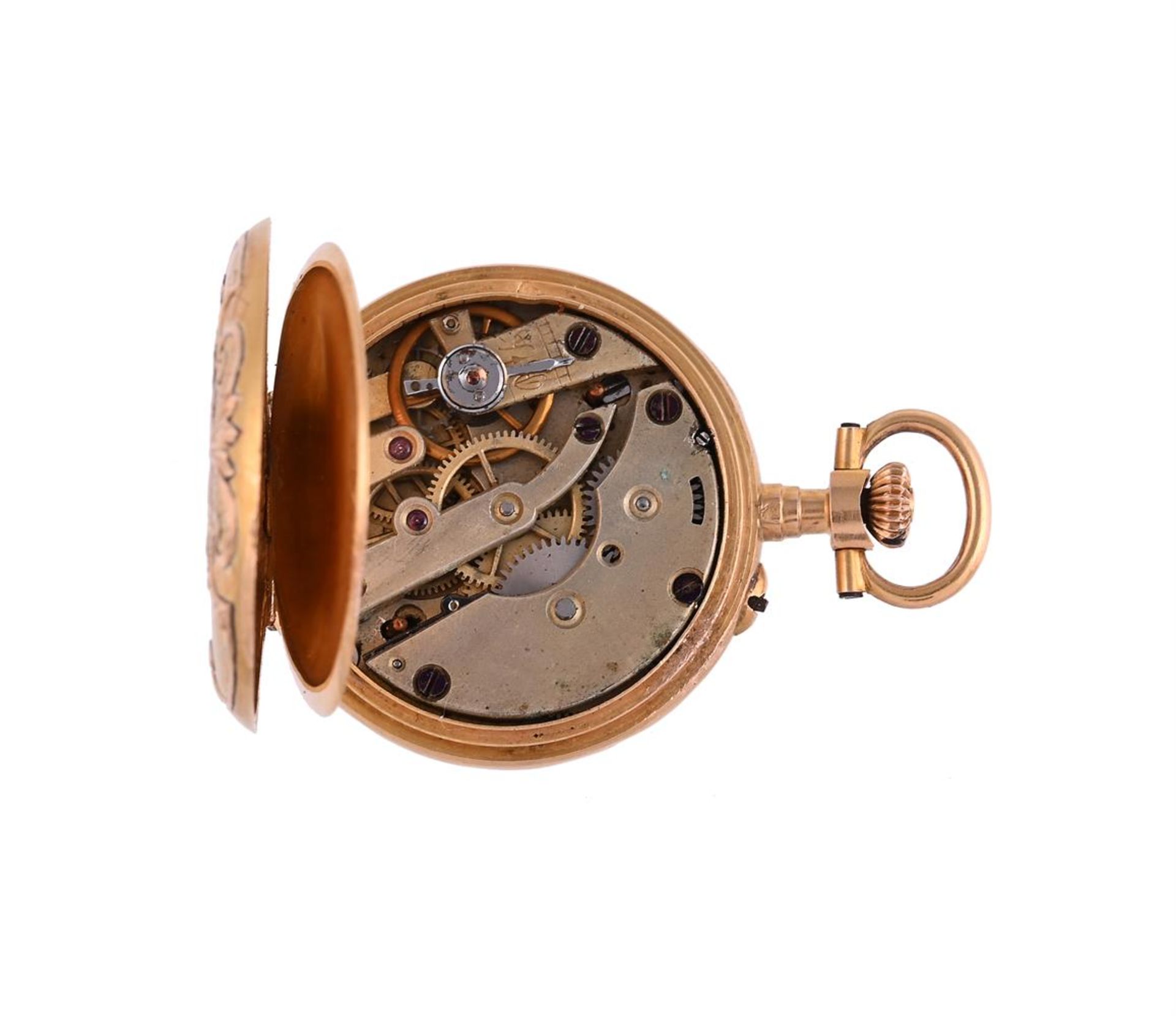 UNSIGNED, A FRENCH THREE COLOUR GOLD KEYLESS WIND OPEN FACE FOB WATCH - Image 3 of 3