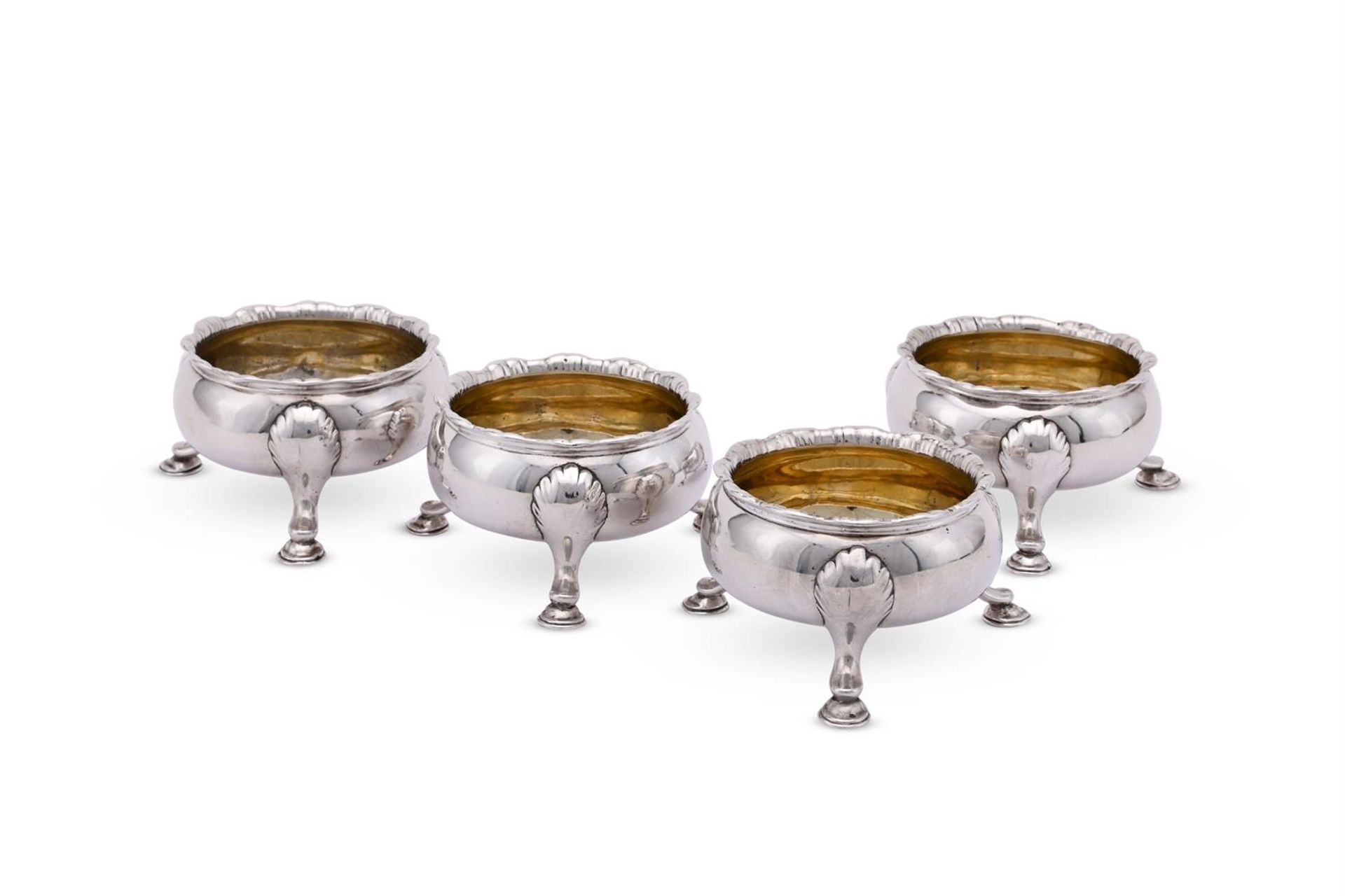 A SET OF FOUR GEORGE II SILVER CAULDRON SALTS