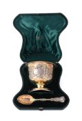 A CASED VICTORIAN SILVER GILT PEDESTAL BOWL AND SPOON