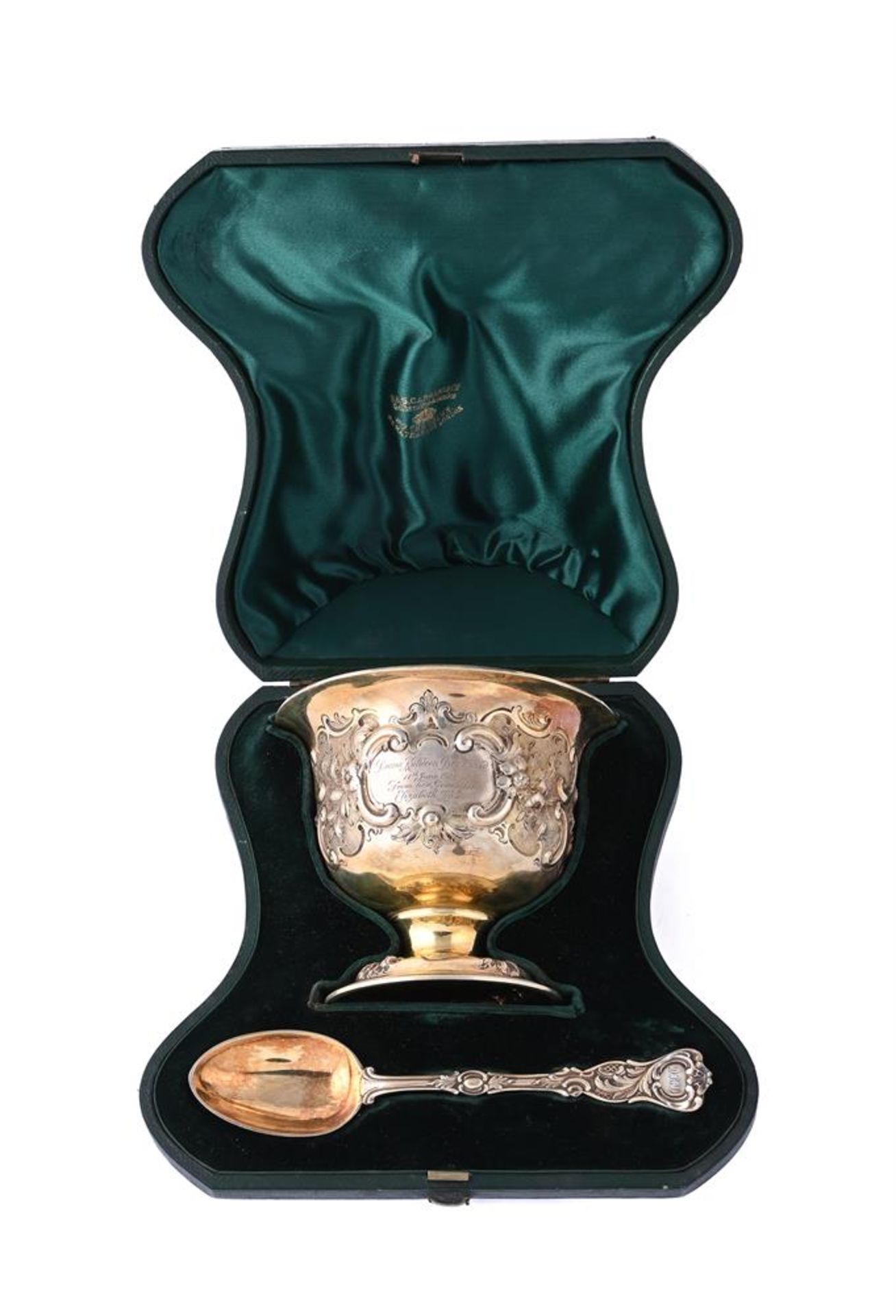 A CASED VICTORIAN SILVER GILT PEDESTAL BOWL AND SPOON