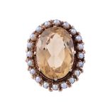 A CITRINE AND CULTURED PEARL CLUSTER RING, CIRCA 1970