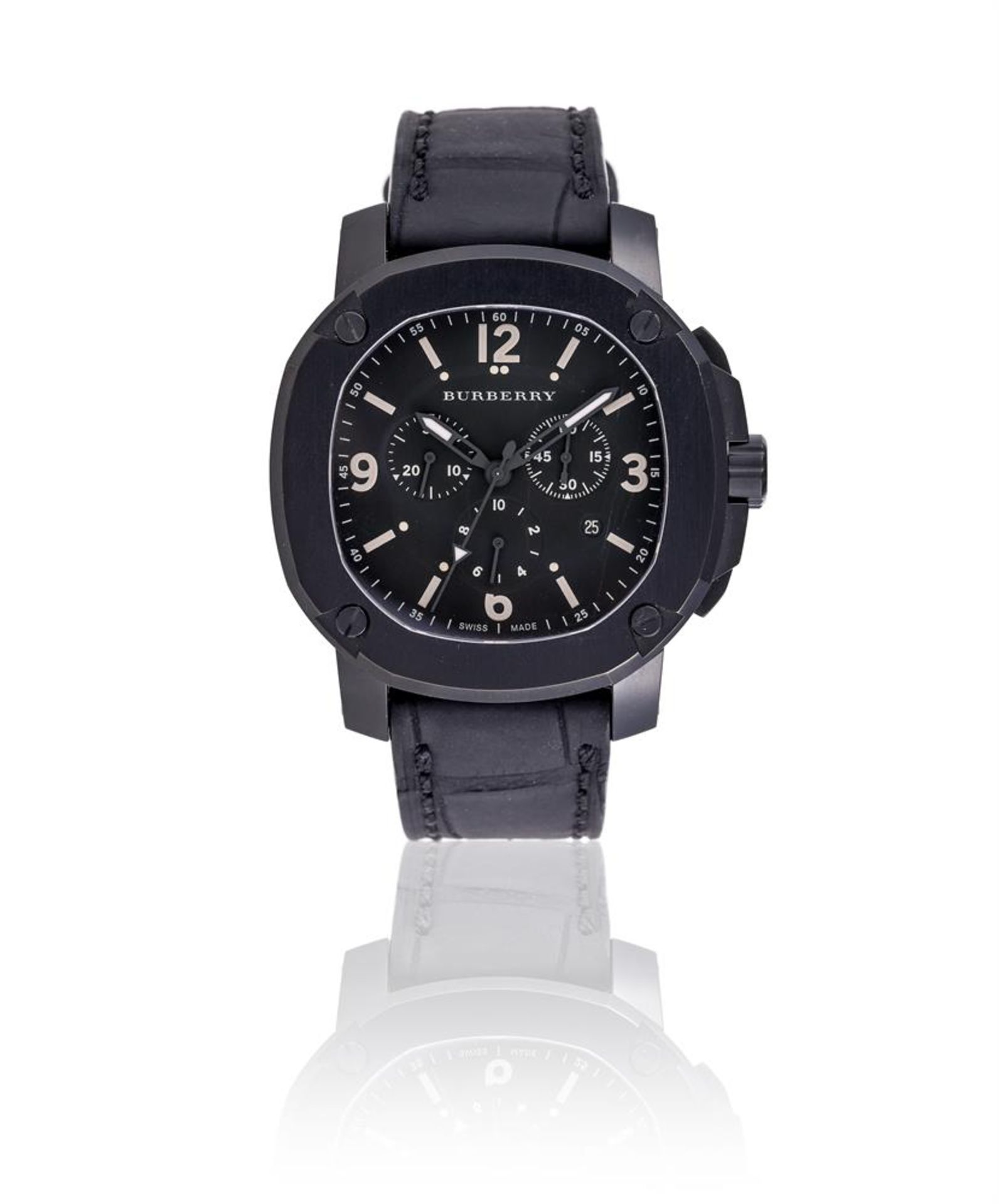 Y BURBERRY, REF. BBY1103, A BLACK PVD COATED STAINLESS STEEL CHRONOGRAPH WRIST WATCH WITH DATE