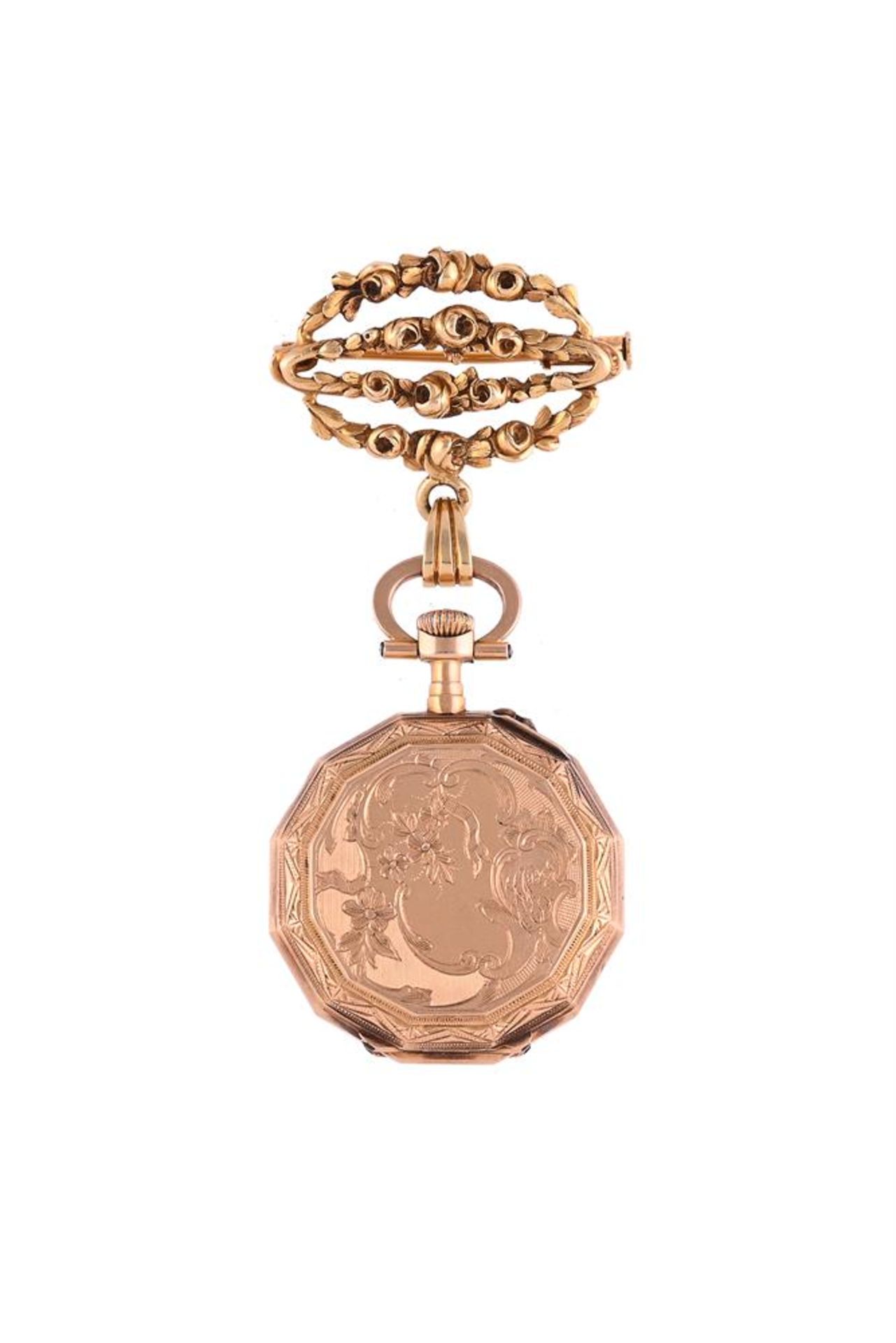 UNSIGNED, A FRENCH GOLD COLOURED KEYLESS WIND OPEN FACE FOB WATCH - Image 2 of 3