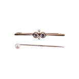 A 1920S SAPPHIRE AND DIAMOND BAR BROOCH AND A PEARL STICK PIN