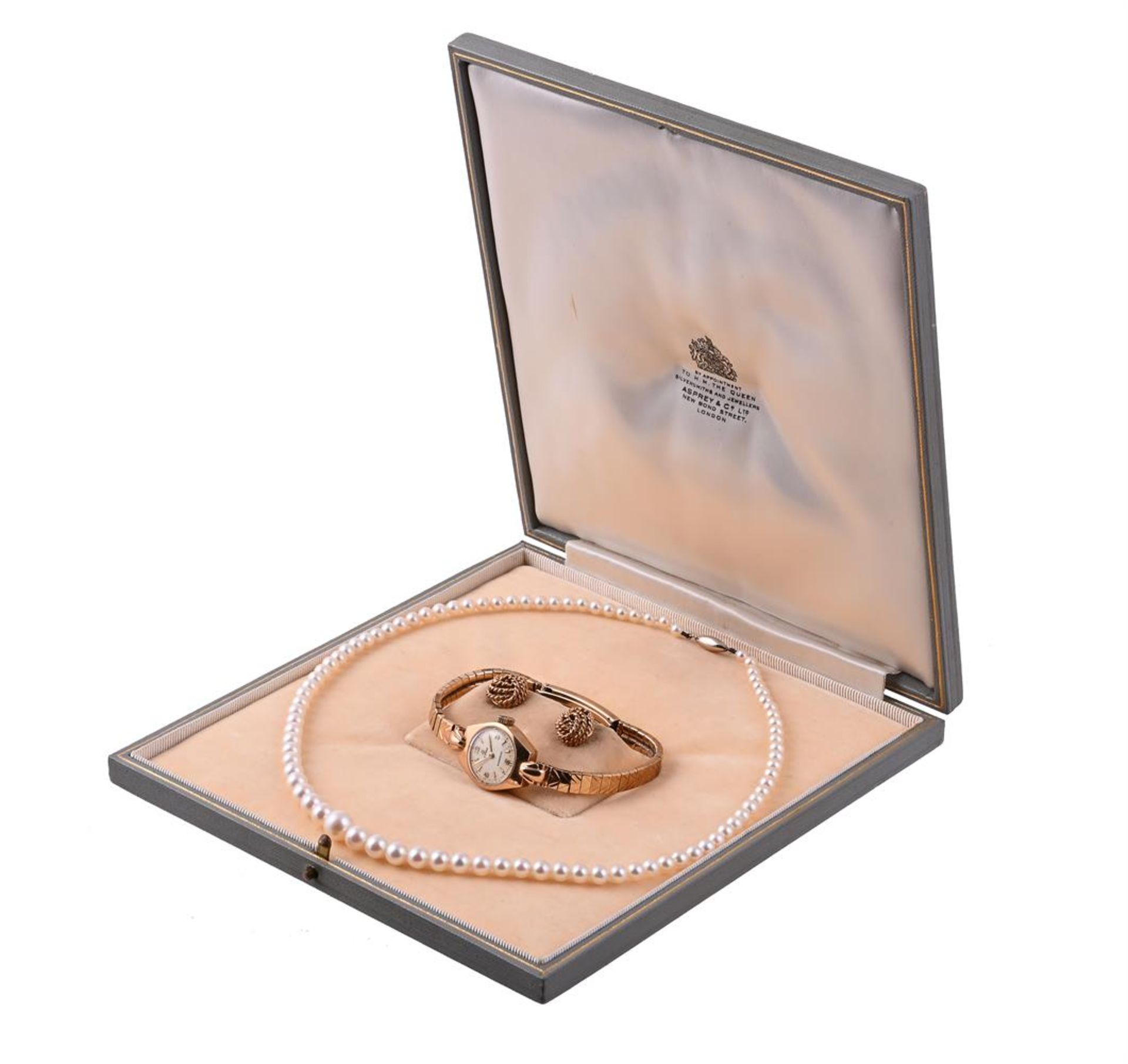 A CULTURED PEARL NECKLACE, A PAIR OF ROPE TWIST KNOT EAR STUDS AND A 9 CARAT GOLD WRIST WATCH - Image 2 of 2