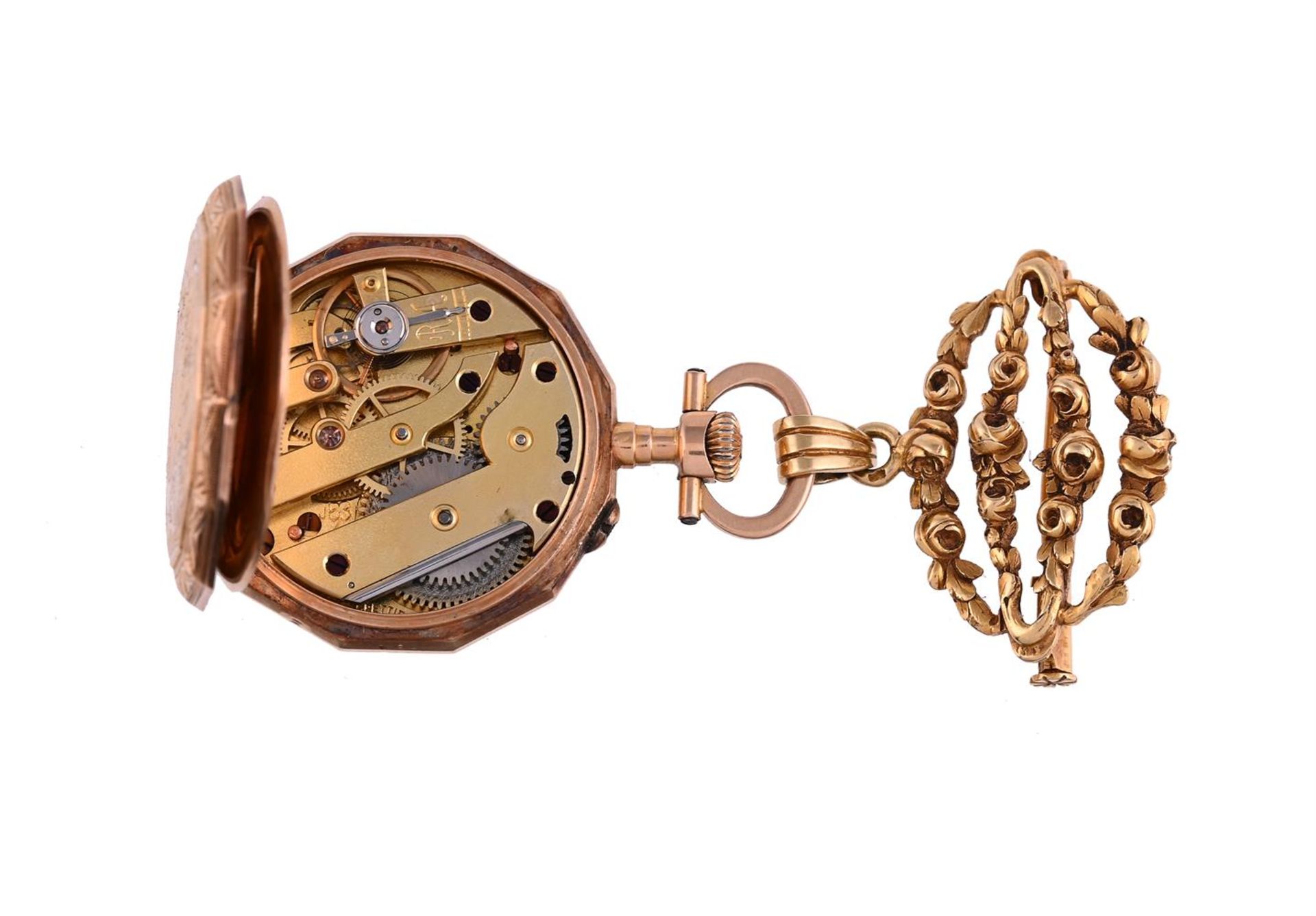 UNSIGNED, A FRENCH GOLD COLOURED KEYLESS WIND OPEN FACE FOB WATCH - Image 3 of 3