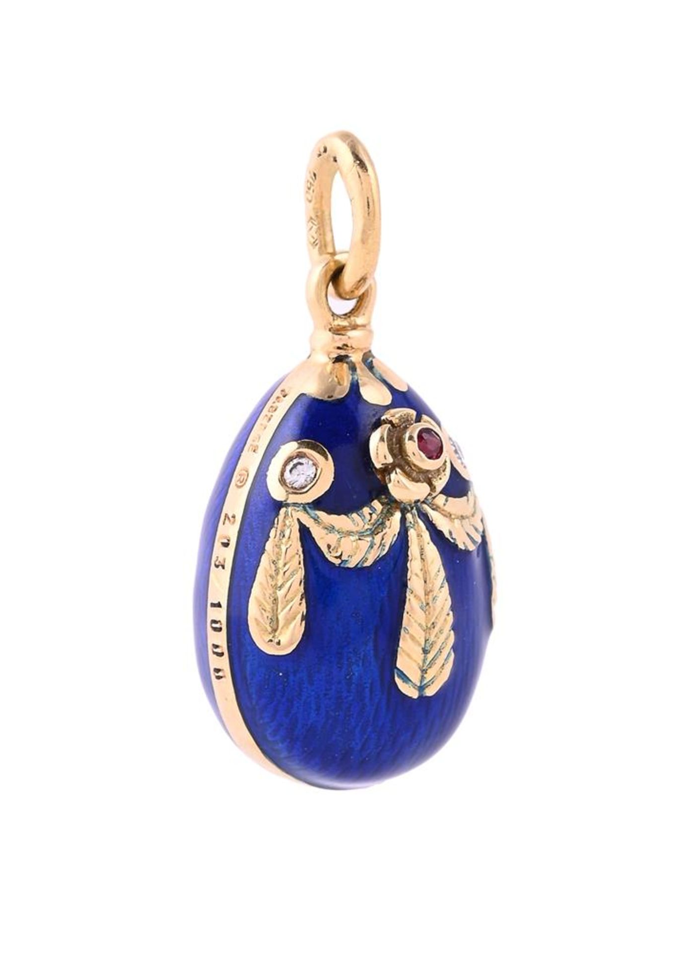 VICTOR MAYER FOR FABERGE, AN 18 CARAT GOLD, RUBY AND DIAMOND EGG PENDANT, LONDON 1994 IMPORT MARK - Image 2 of 4