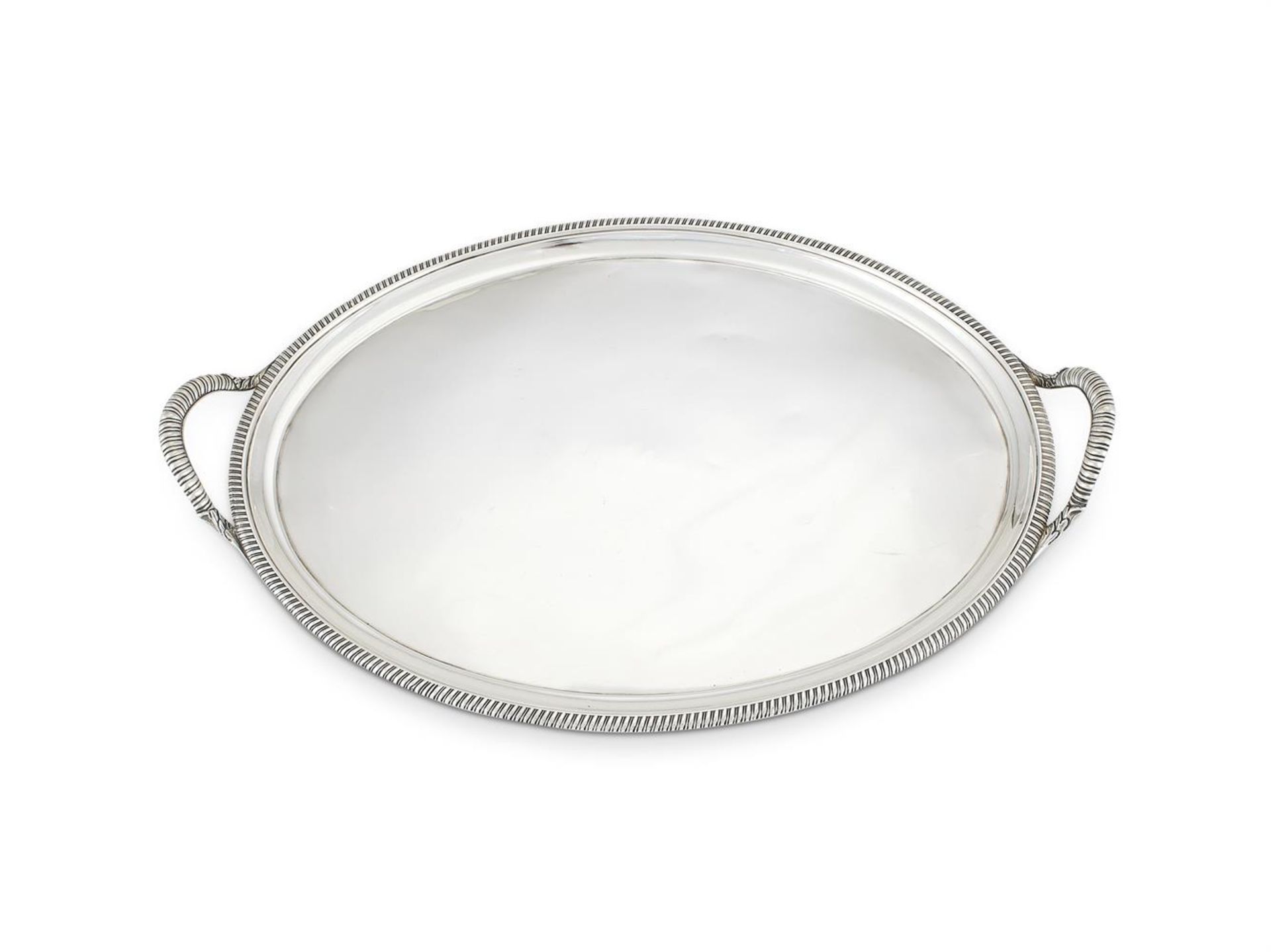 A GEORGE III SILVER OVAL TWIN HANDLED TRAY