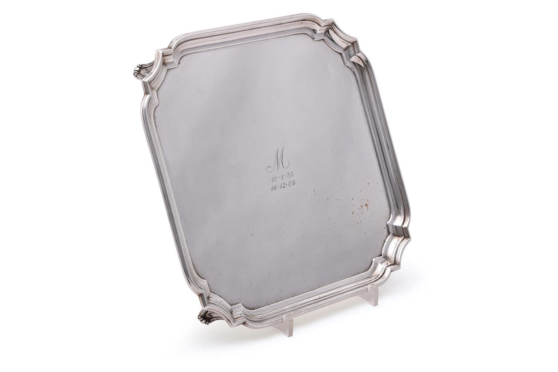 A SILVER SHAPED SQUARE SALVER