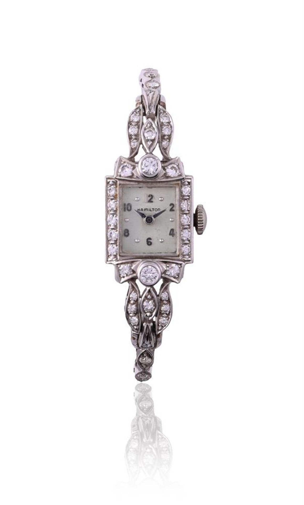 HAMILTON, A LADY'S WHITE GOLD COLOURED AND DIAMOND COCKTAIL WATCH