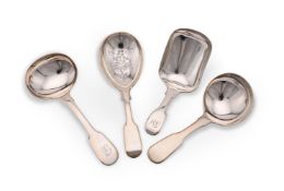 FOUR SILVER FIDDLE PATTERN CADDY SPOONS