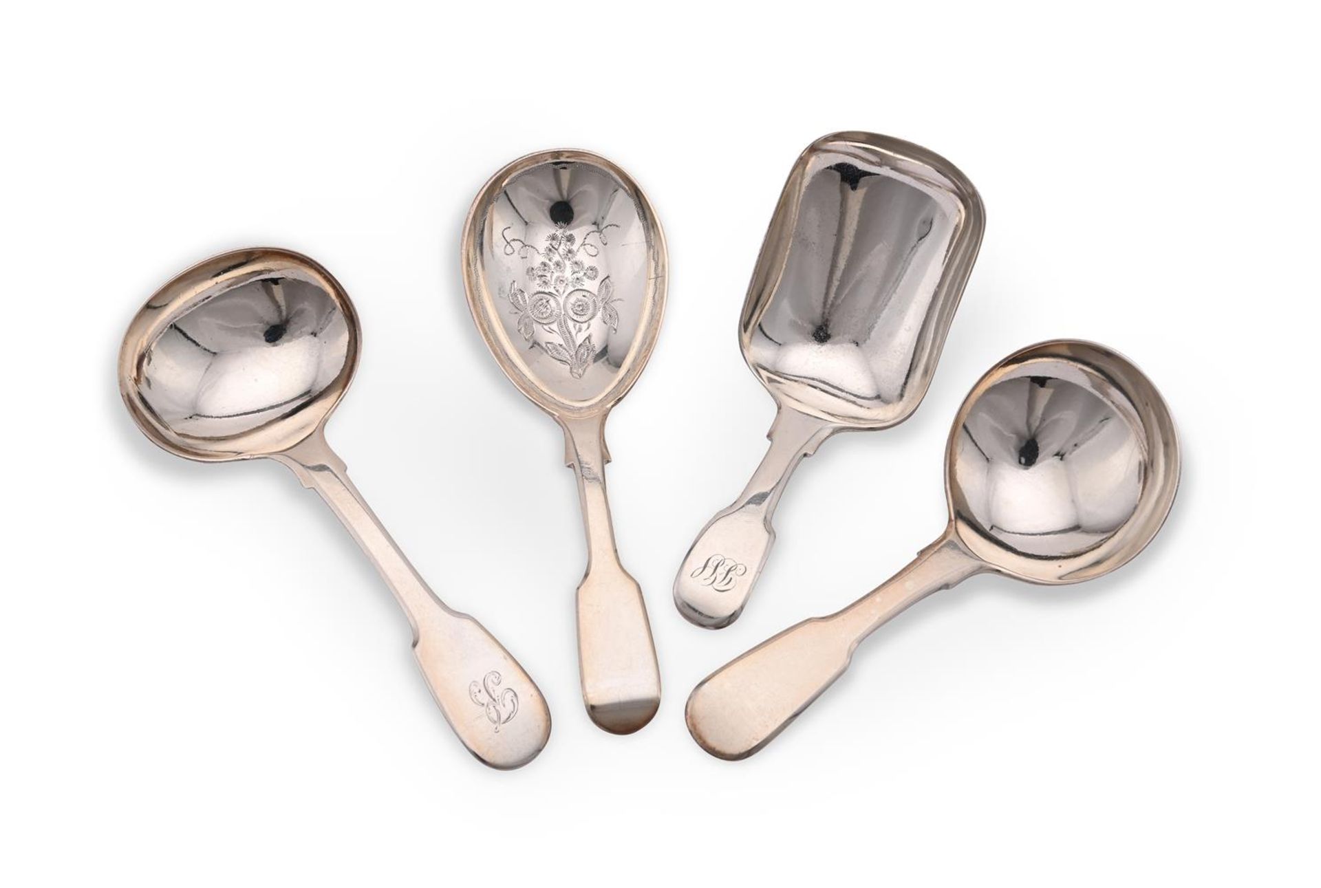 FOUR SILVER FIDDLE PATTERN CADDY SPOONS