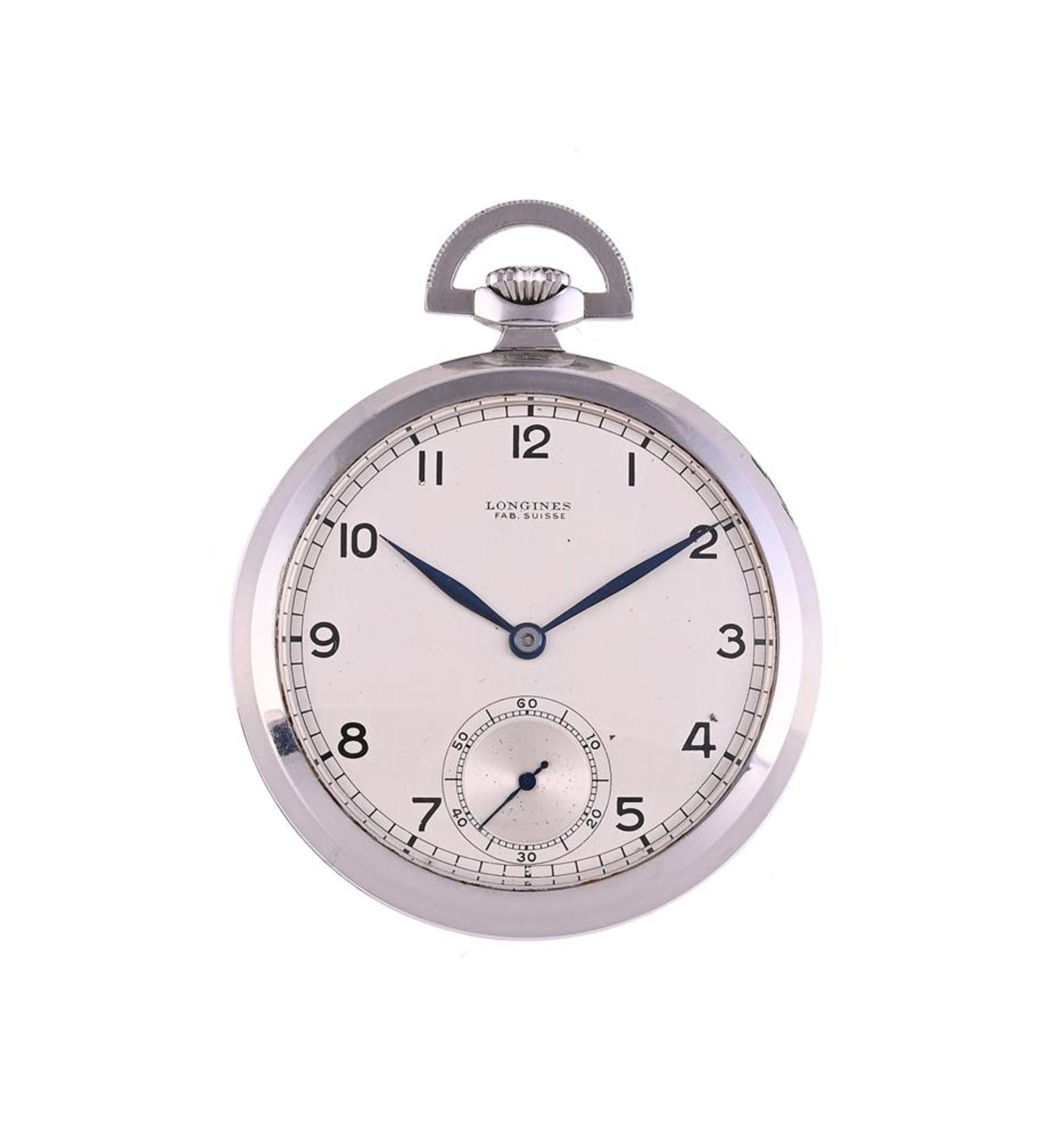 LONGINES, A STAINLESS STEEL KEYLESS WIND OPEN FACE POCKET WATCH